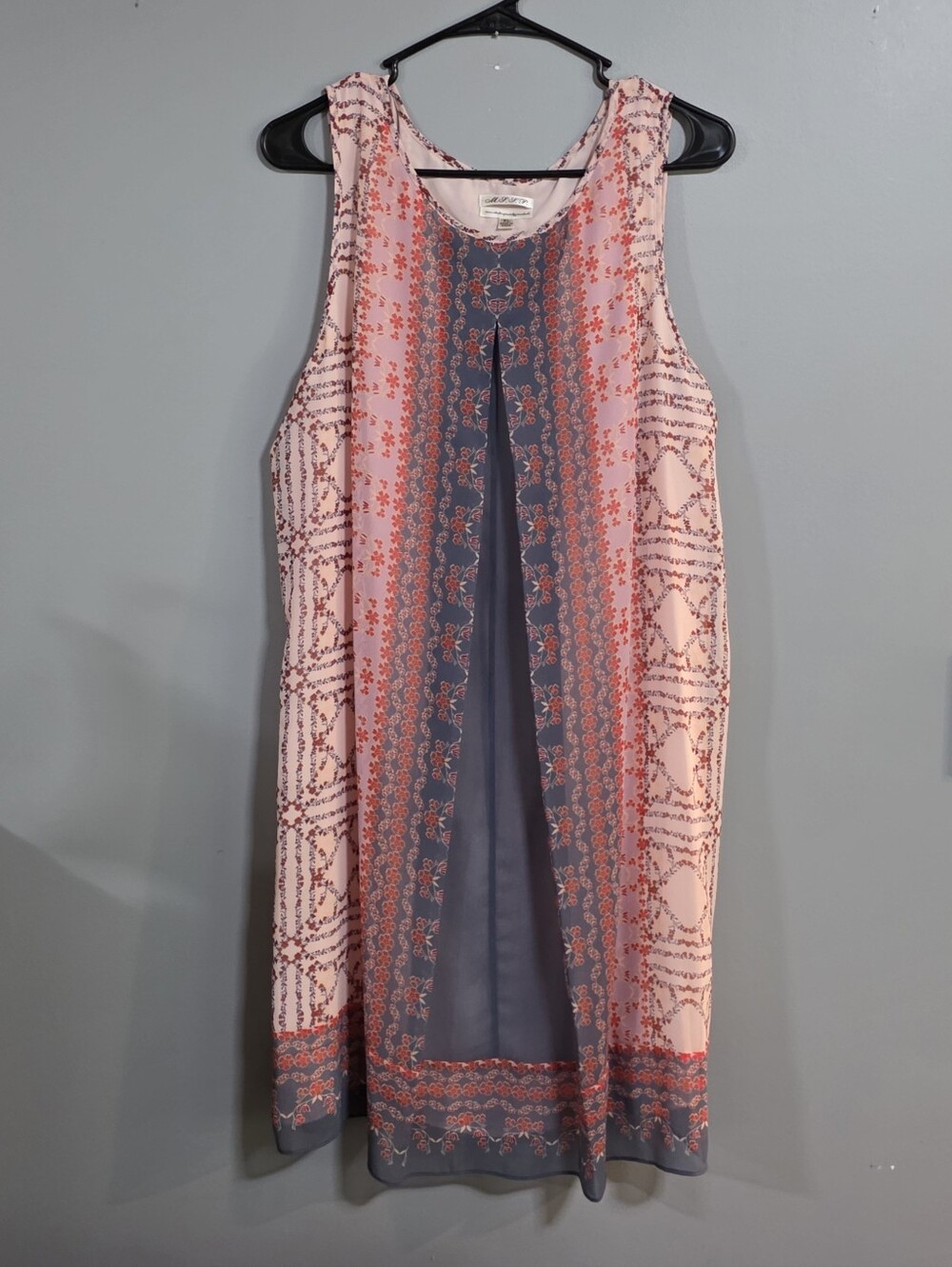 Sleeveless Pink Printed Midi Dress with Navy Panel